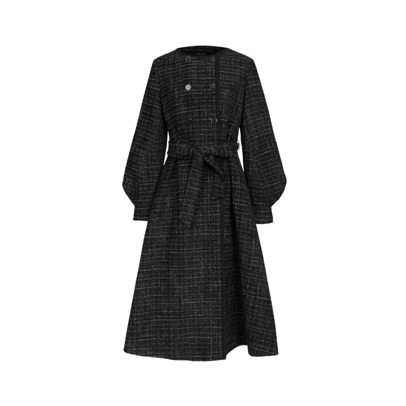 圣迪奥女装时尚气质小香风收腰泡泡袖长款大衣S233Z2501