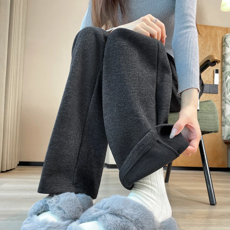 高腰显瘦冬季加绒加厚窄版阔腿裤女直筒休闲春秋糯米裤软糯慵懒风
