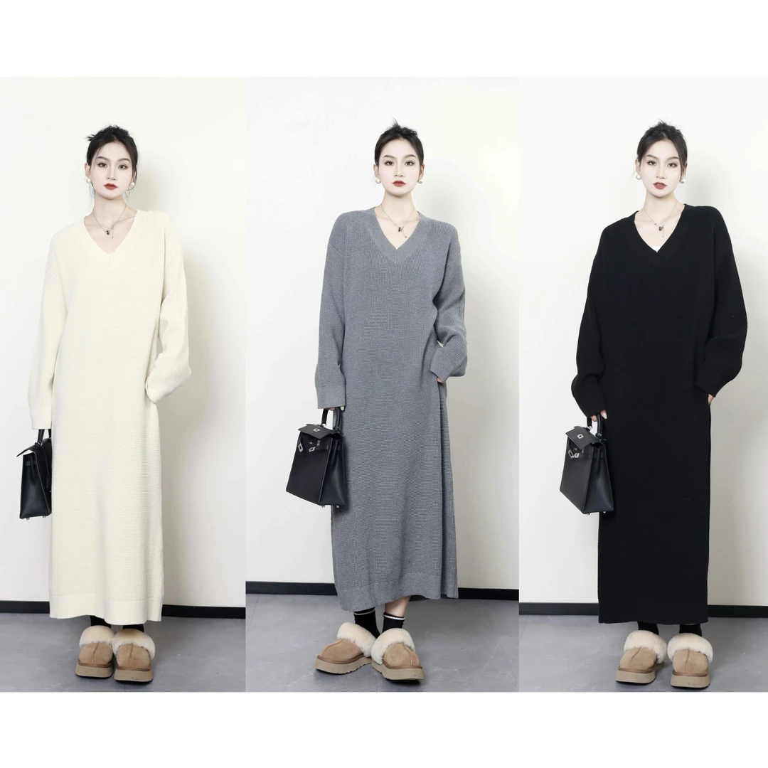 QC李潇洒【松弛派】微胖大码女装慵懒风V领针织连衣裙ZY310L09