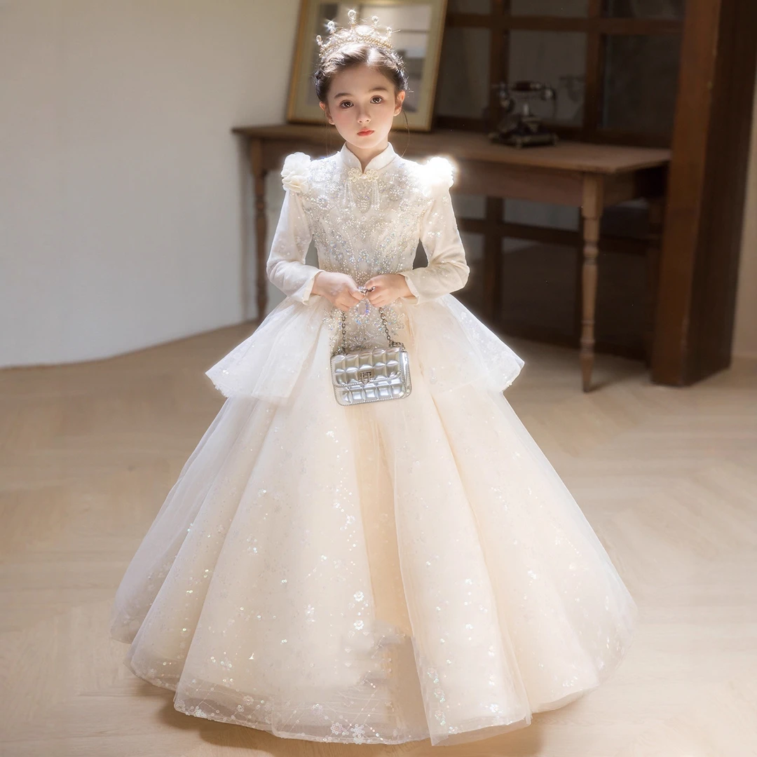 儿童主持人晚礼服走秀花童生日婚纱女童钢琴演出服高端轻奢长袖冬