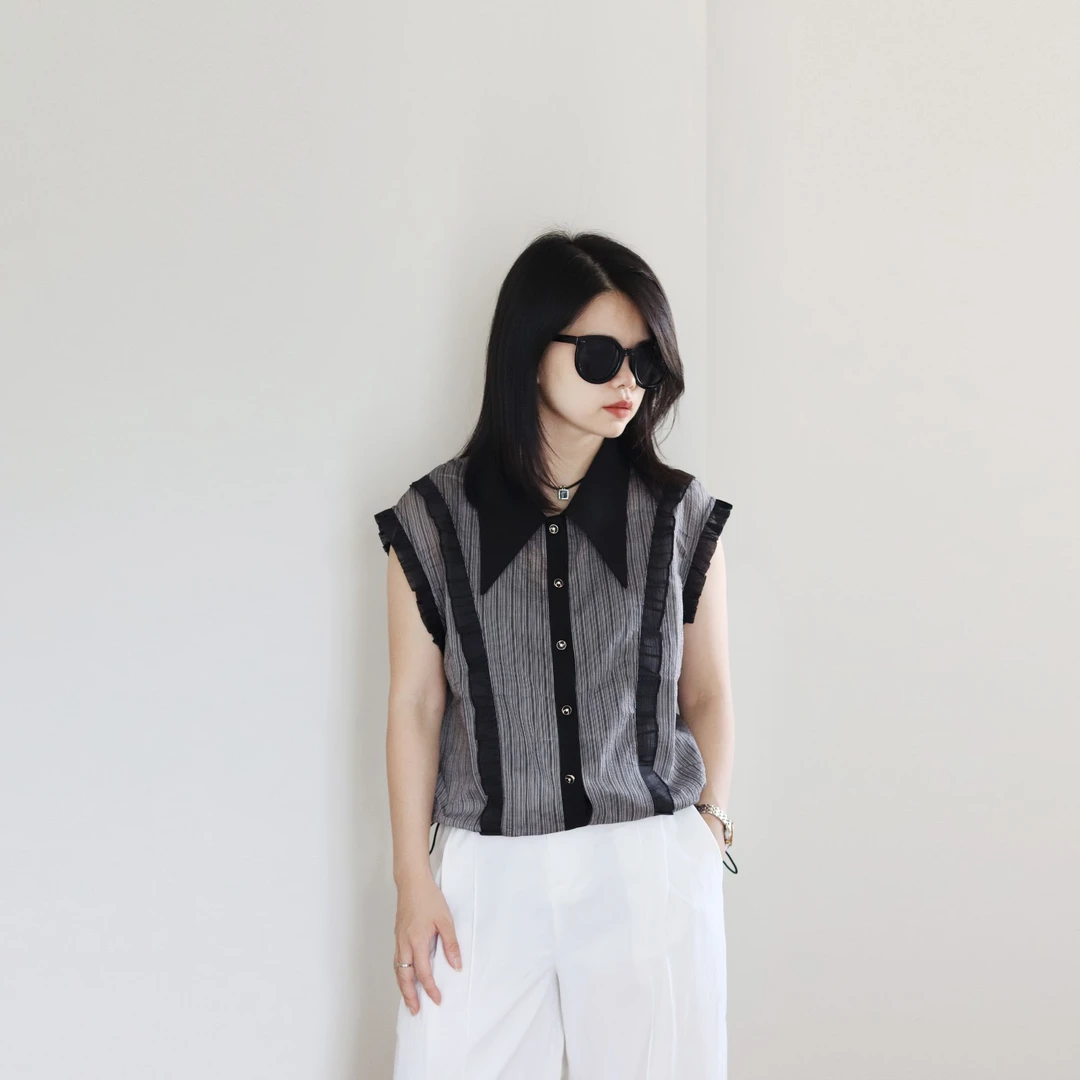 2025夏季新款薄款莱赛尔三分袖木耳衬衫简约女士法式拼色上衣衬衫