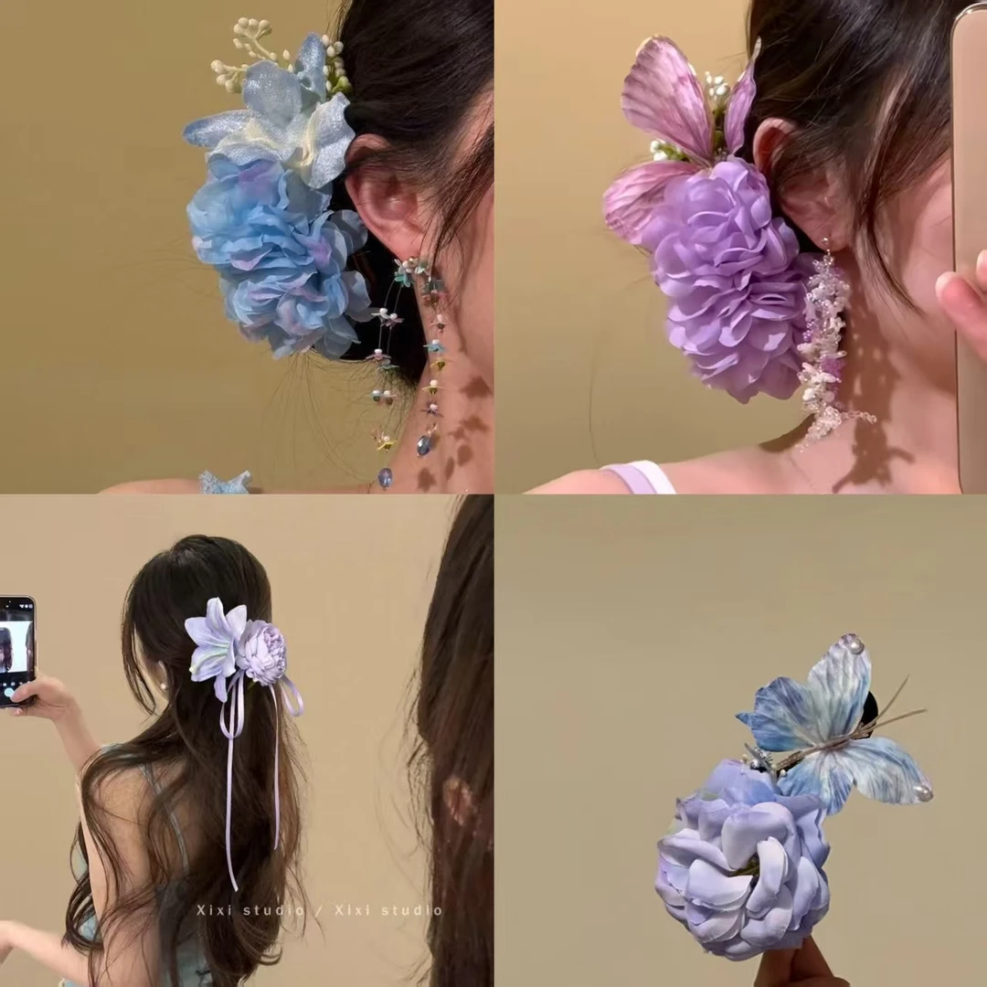 2025庄周梦蝶紫色玫瑰花蝴蝶发夹森系气质绝美度假风香蕉夹盘发器