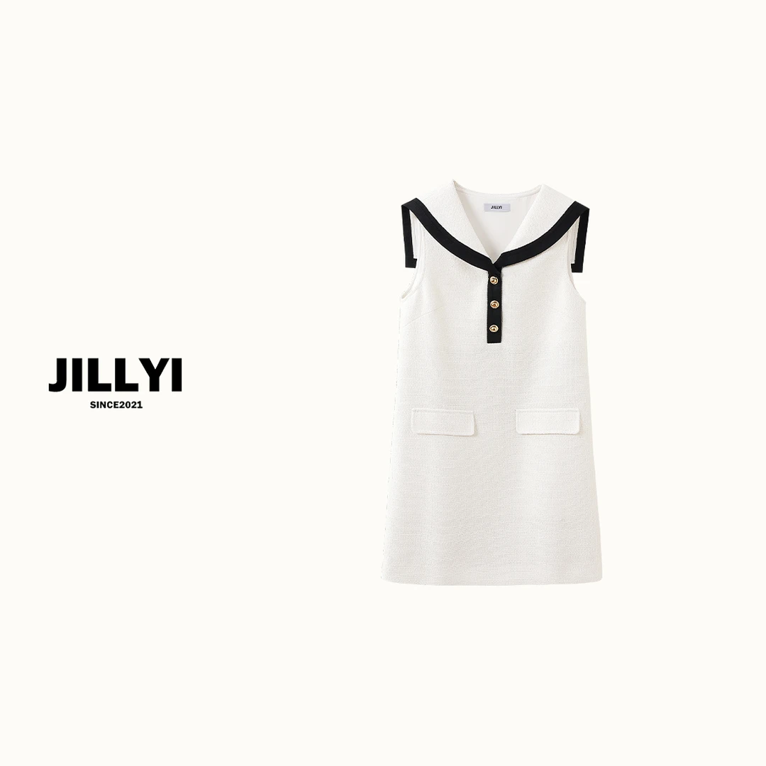 jillyi【白色恋人】白色海军领拼色连衣裙高档气质法式洋气女轻奢