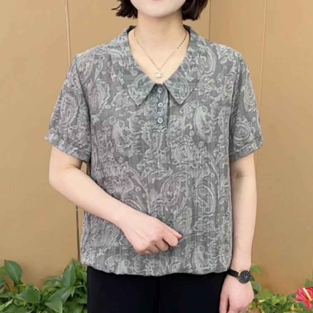 夏季新款时尚翻领提花中老年气质妈妈装宽松百搭短袖上衣K6610