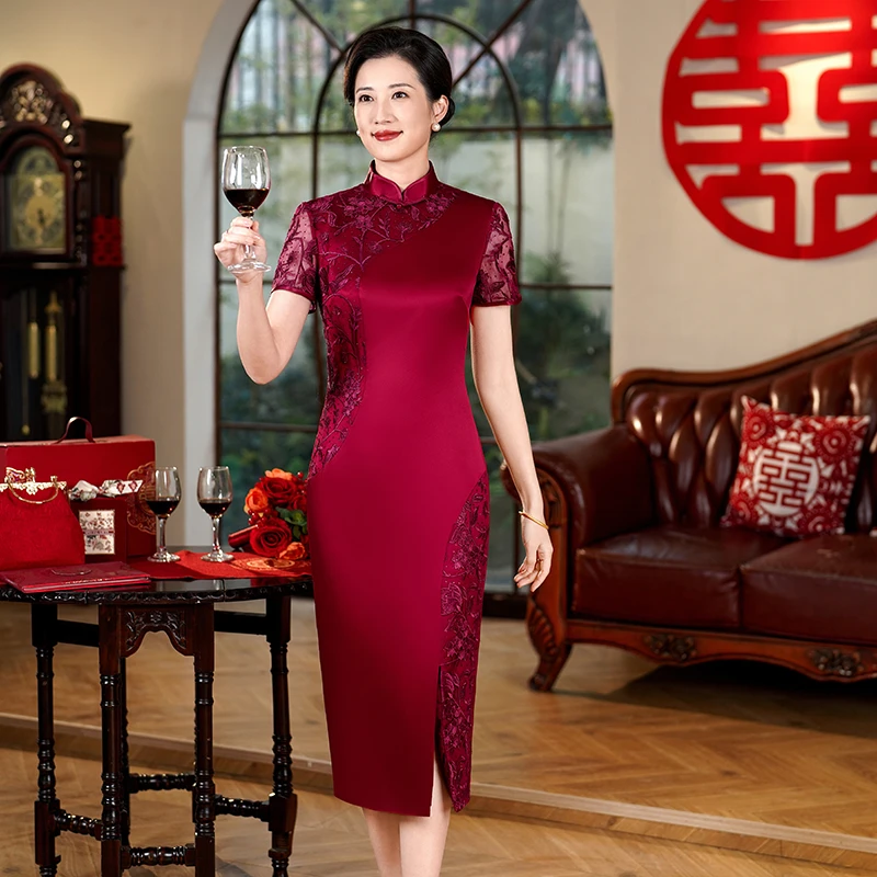 喜婆婆醋酸婚宴装2025新款妈妈结婚礼服新中式气质改良修身旗袍