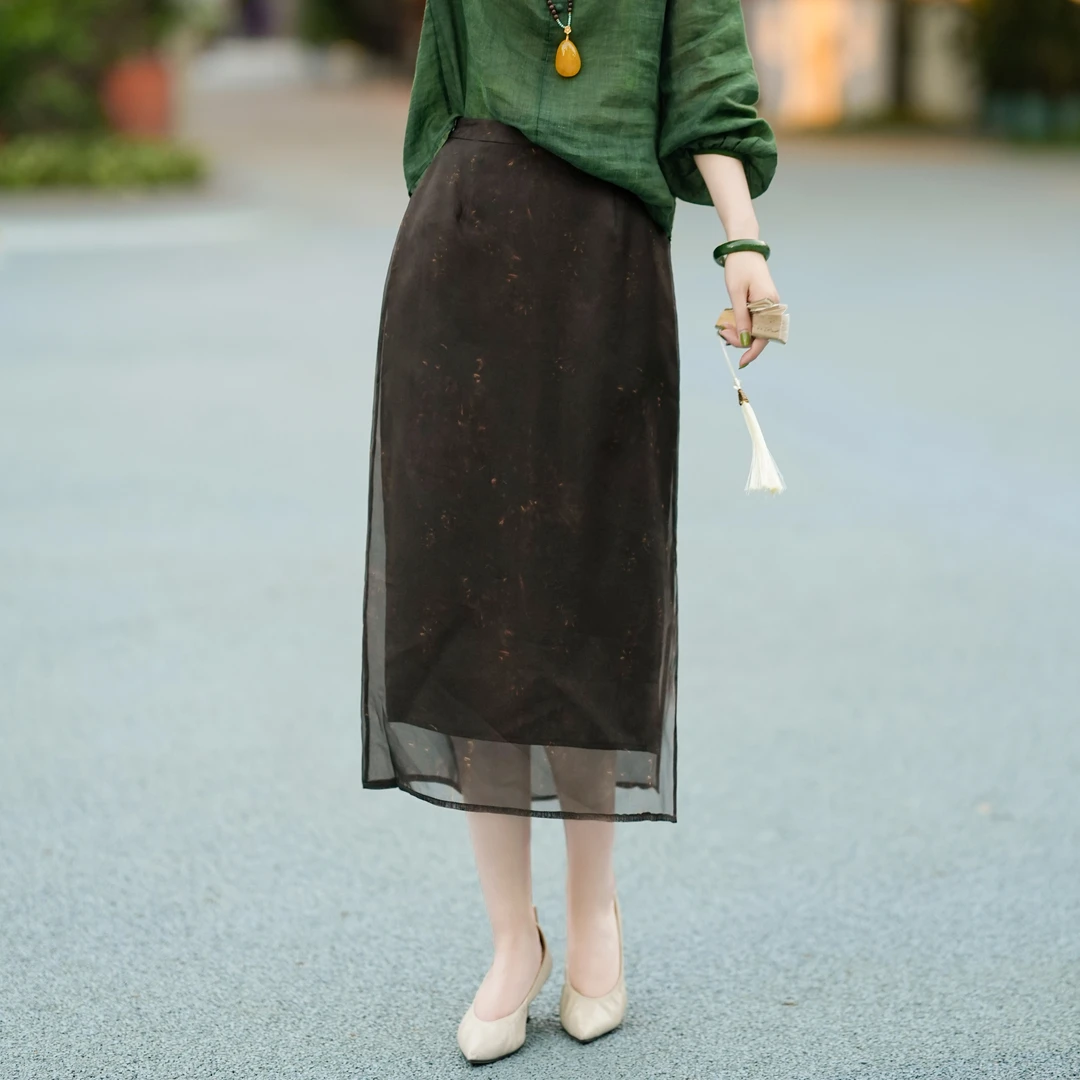 西子/【棕纱烟火】8姆米桑蚕丝欧根纱印花烟火色半身裙/BQBH1997