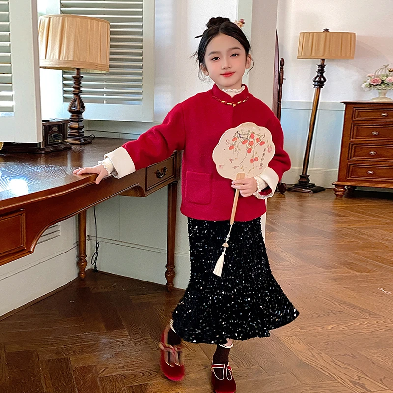女童外套冬装2025新款洋气小女孩红色拜年服亮片半身裙儿童新年装