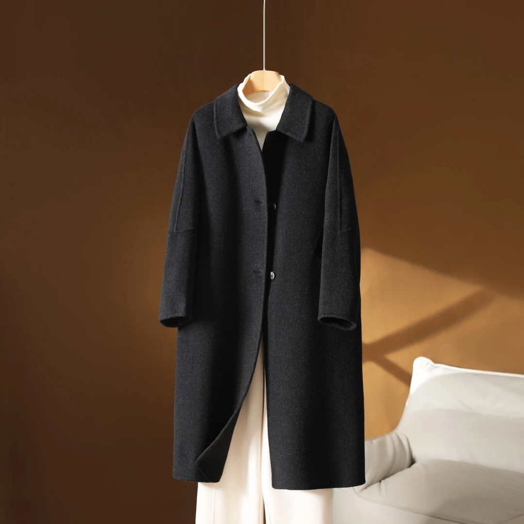 2025秋冬新款高级灰双面羊绒大衣长款单排扣气质毛呢外套宽松韩版