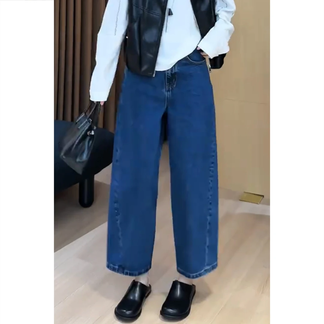 艾塔莉早秋女新款宽松牛仔裤子高腰百搭阔腿裤水洗直筒裤九分裤子