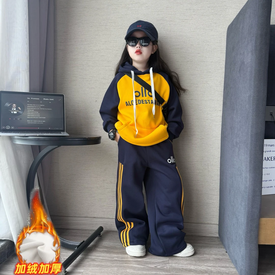 男女童秋冬季休闲加绒加厚抽绳卫衣卫裤套装儿童洋气运动服两件套