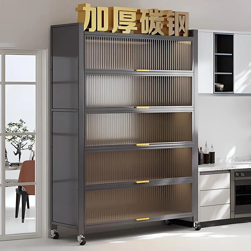 厨房多功能置物架多层落地收纳柜子微波炉家用碗筷橱柜防尘储物柜