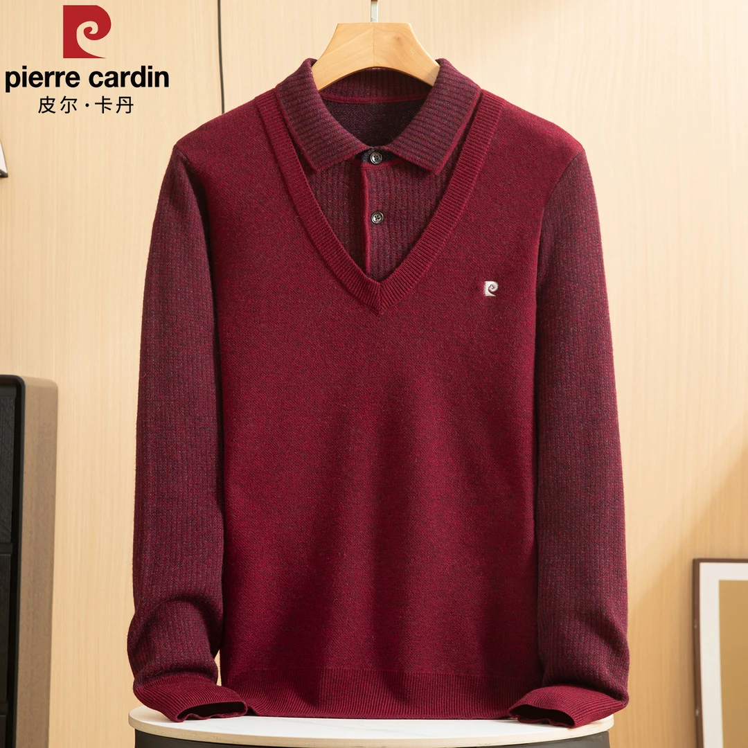 皮尔卡丹假两件纯羊毛衫男士秋冬加厚中年爸爸秋冬翻领针织打底衫