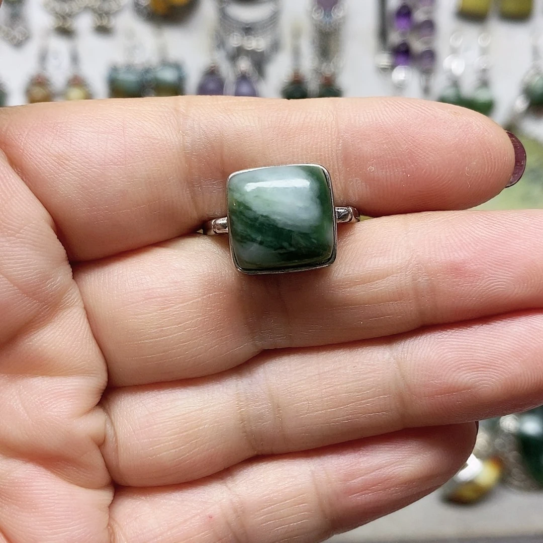 蛇纹石玉银S925镶嵌戒指