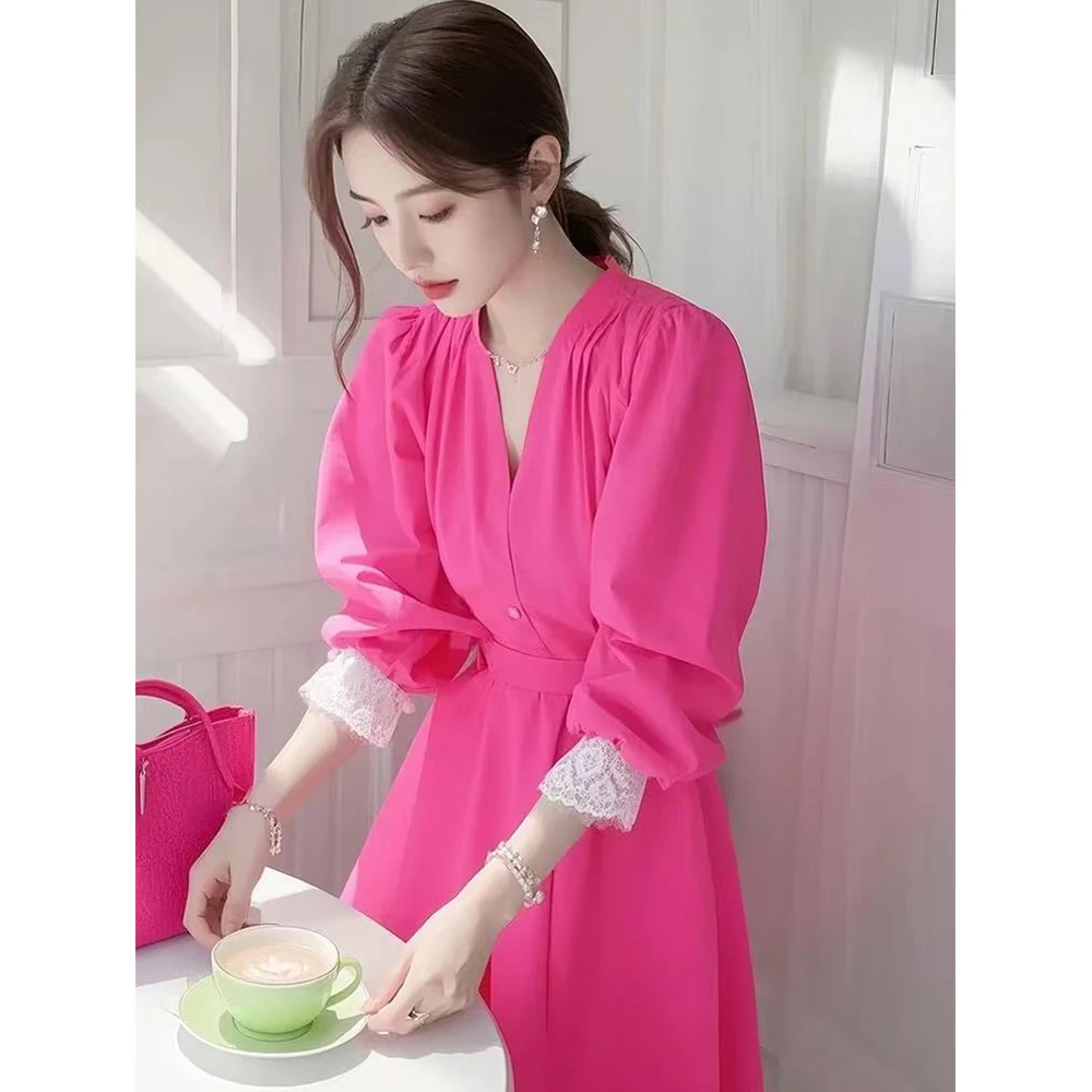 欧若风火龙果色连衣裙子蕾丝边2025春季新款女装气质绝美掐腰长裙