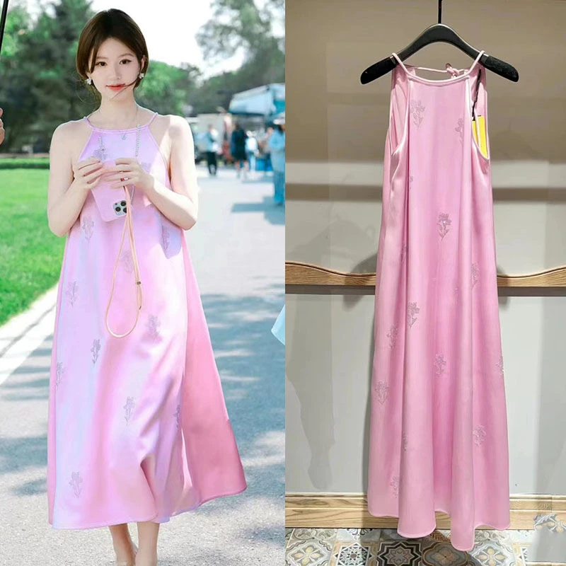 赵露思同款新中式粉色无袖小众辣妹显瘦连衣裙国风提花宽松吊带裙