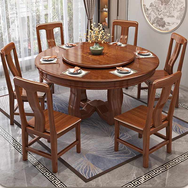 胡桃木实木餐桌带转盘家用小户型吃饭桌子中式全实木餐桌椅组合
