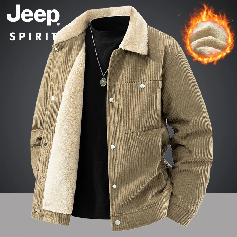 JEEP吉普男士加绒加厚保暖外套秋冬季灯芯绒翻领加绒休闲复古夹克