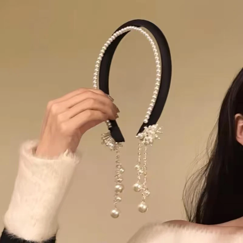 春日曼波~千金温柔气质黑丝绒珍珠流苏发箍精致高级感发饰箍手工