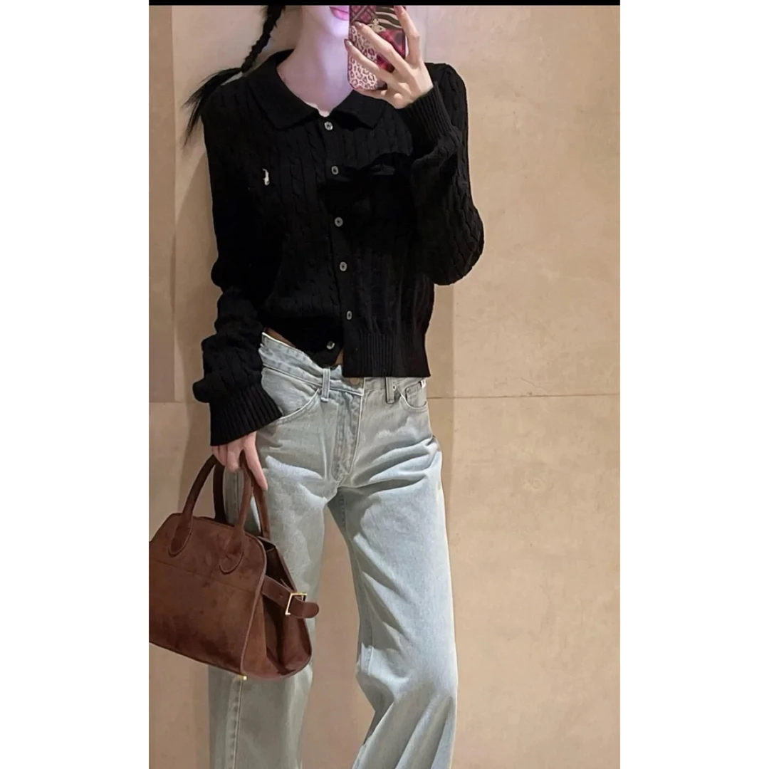 CHENXI  黑色法式老钱风长袖提花刺绣小马绞花polo开衫外套女8927