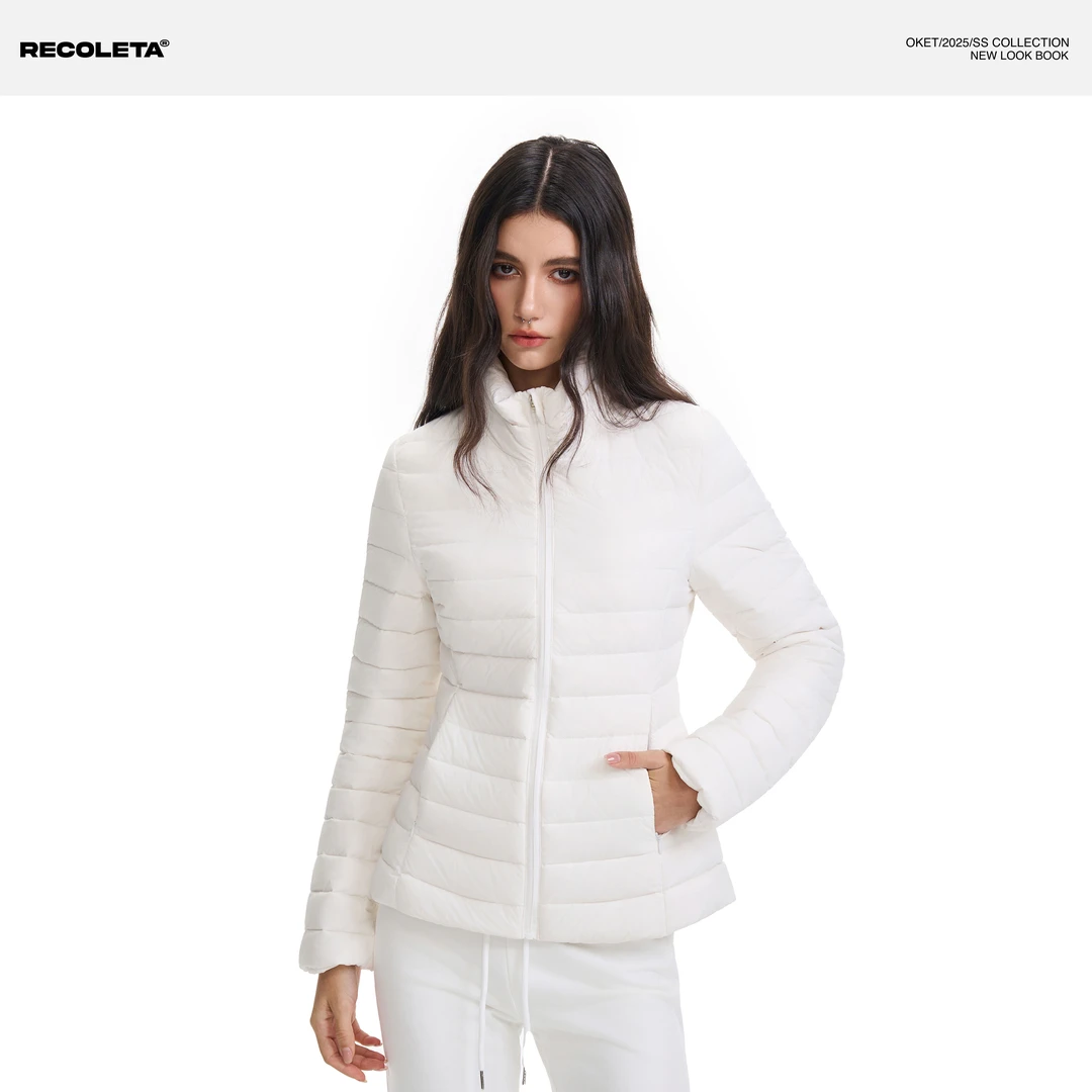 RECOLETA美式复古修身排骨羽绒服女休闲简约保暖白鸭绒外套秋冬