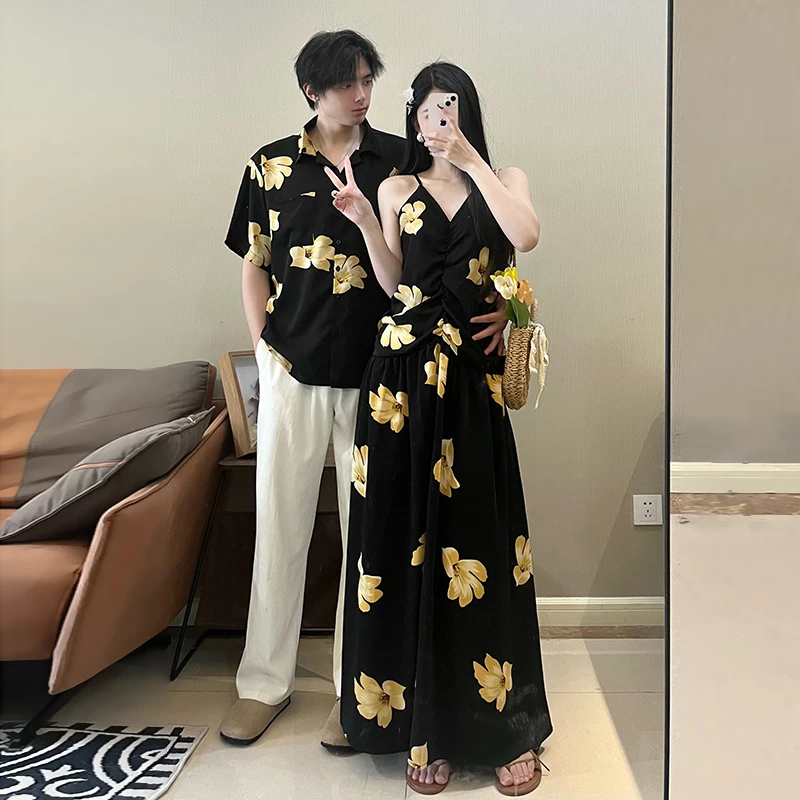 情侣装夏季度假沙滩海边吊带连衣裙2025夏季新款法式气质小黑裙子