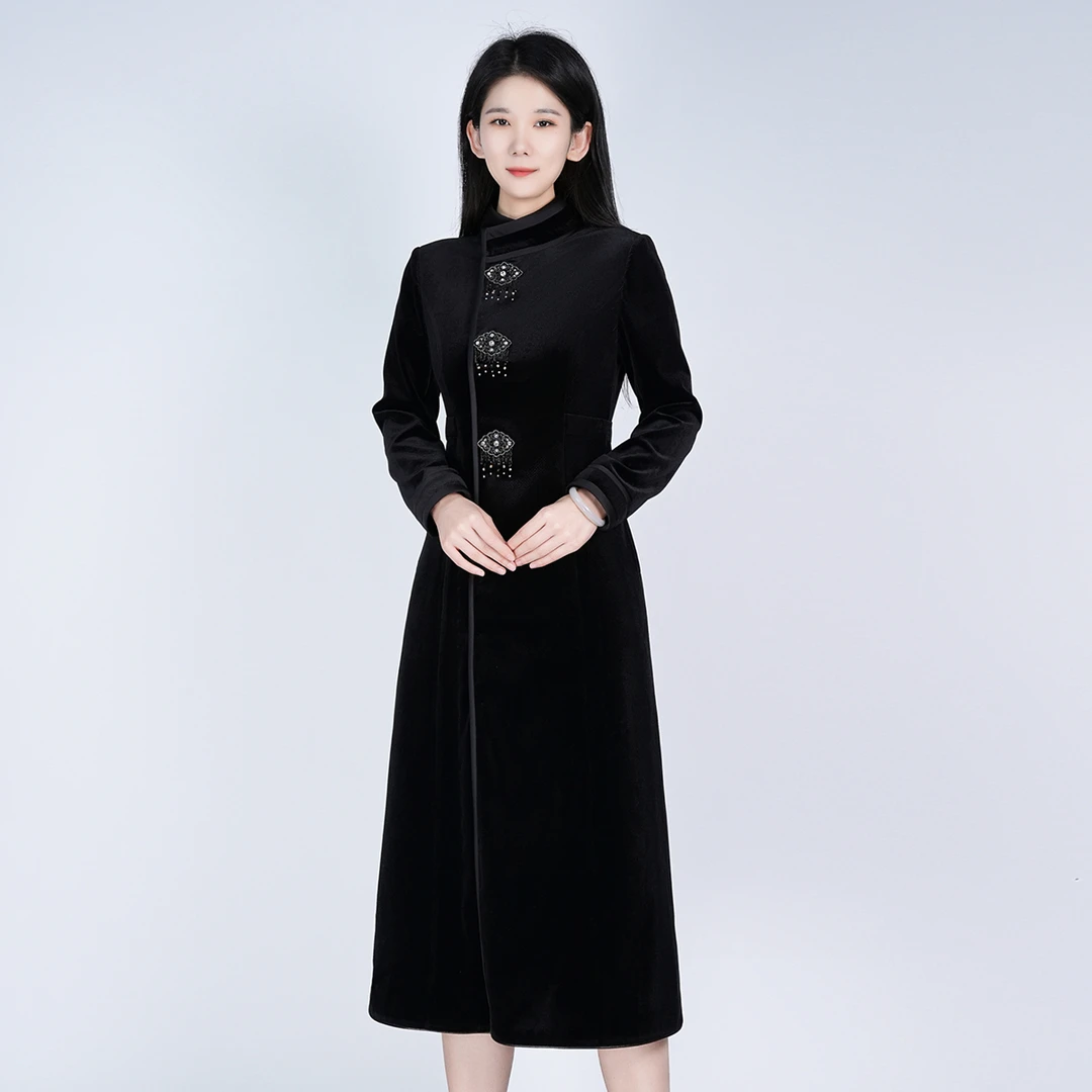 浒城古娘国风丝绒立领长袖显瘦中长通勤女星洛连衣裙HCSS050910