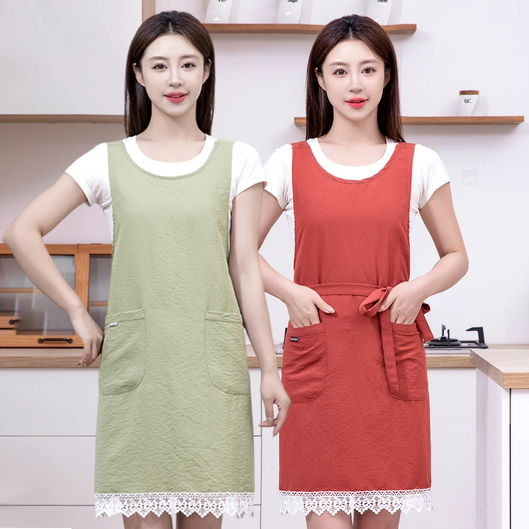 小清新时尚柔软透气防水围裙家用厨房2025新款坎肩式花边女士围腰