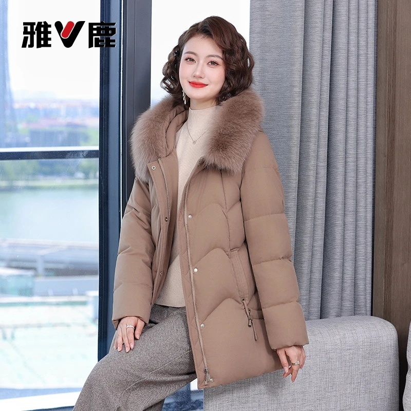 雅鹿羽绒服2025新款女中长款冬加厚鸭绒毛领连帽保暖外套3062