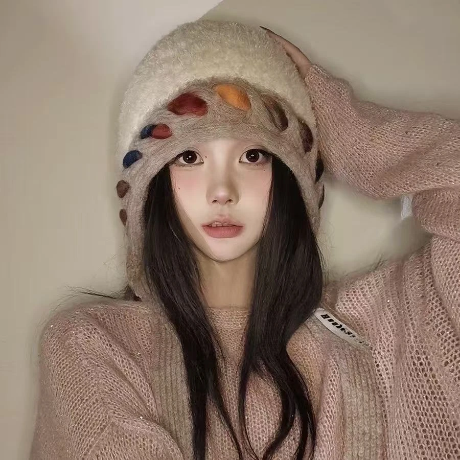 韩系可爱毛绒帽子女冬季防寒显脸小保暖护耳加厚针织帽