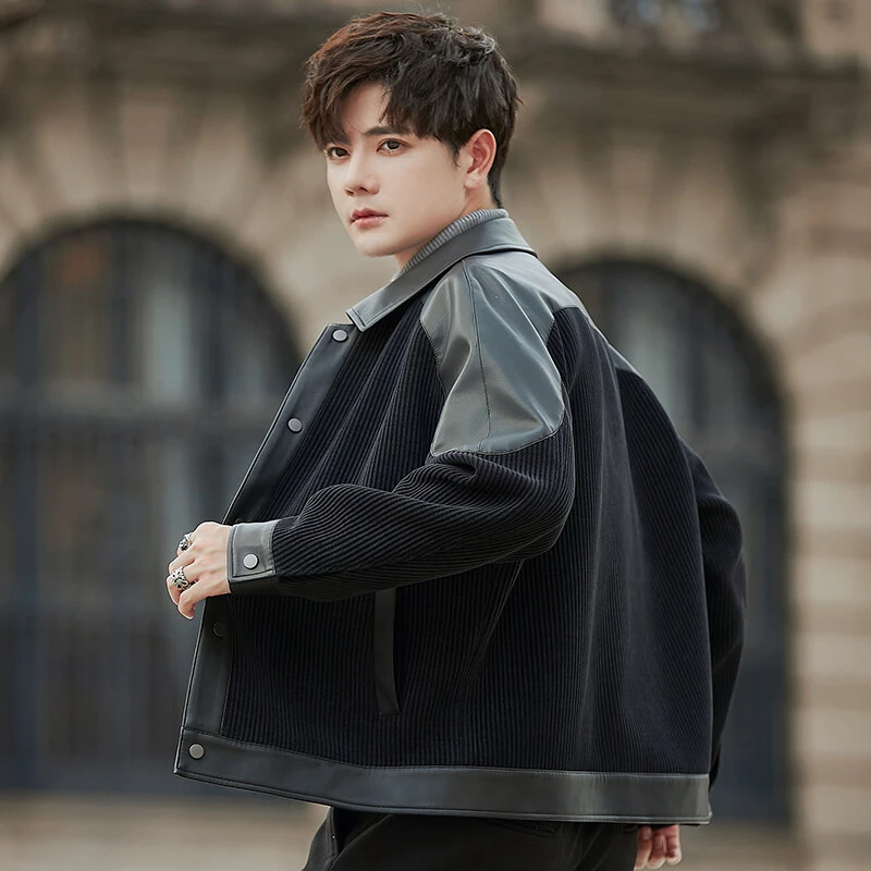 秋冬新款男士翻领PU拼接皮衣羽绒服 高级感痞帅休闲夹克保暖外套