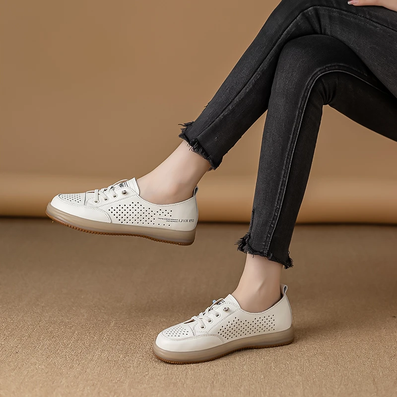 2025夏季新款小白鞋女真皮休闲镂空透气软底软面浅口大码40-43