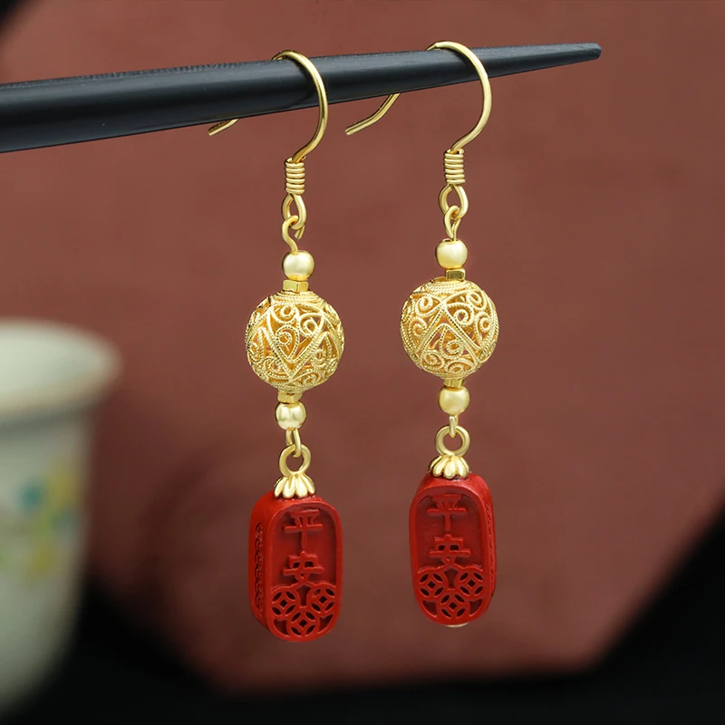 小银匠 天然辰砂925银朱砂耳环女无事牌国风复古轻奢宫廷耳饰