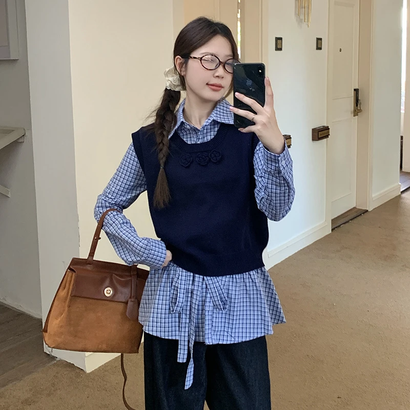 学院风格子春秋秋季百搭复古时尚韩版叠穿设计感长袖衬衫女2025年
