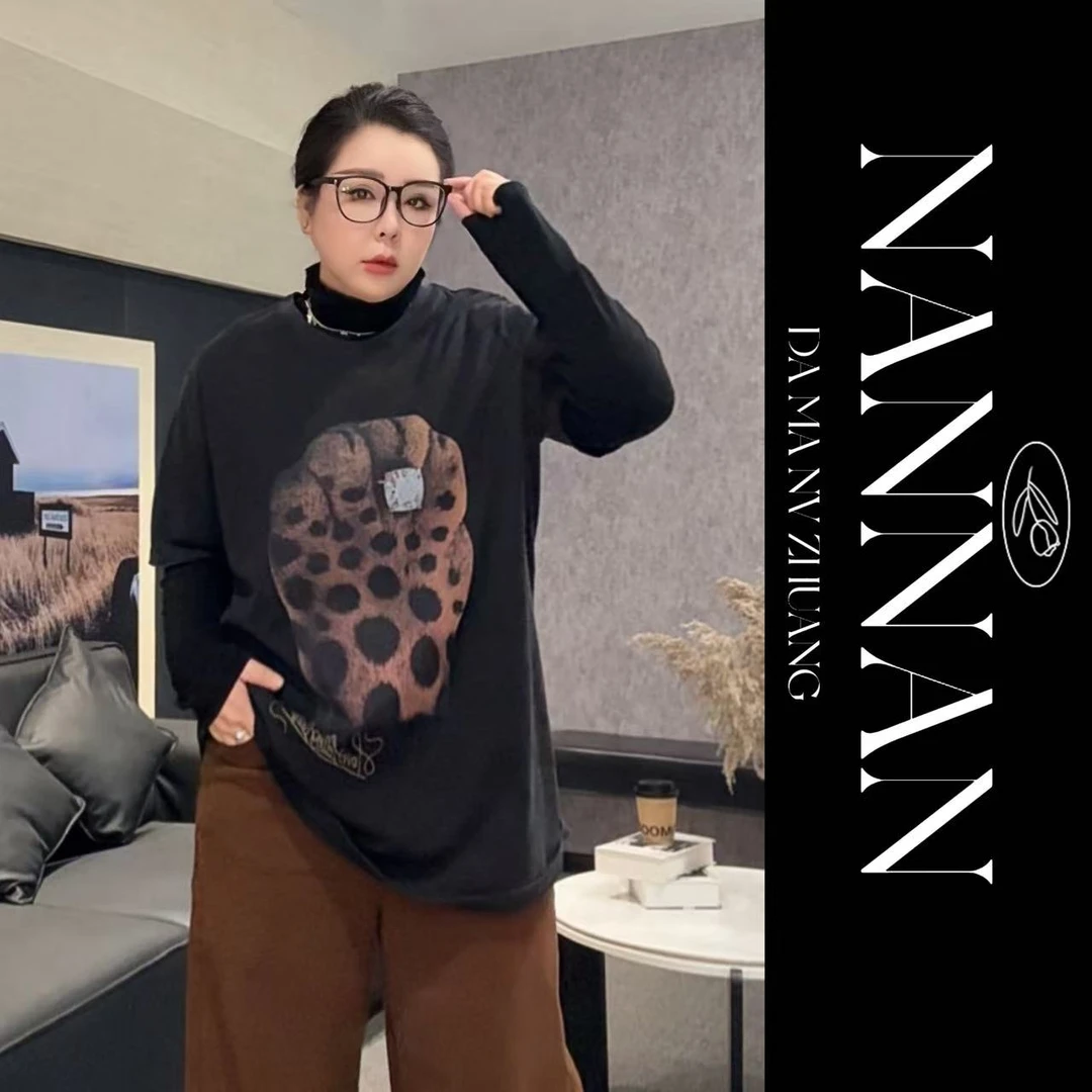 【楠楠推荐】美式豹纹做旧纯色复古长袖印花T恤C8215