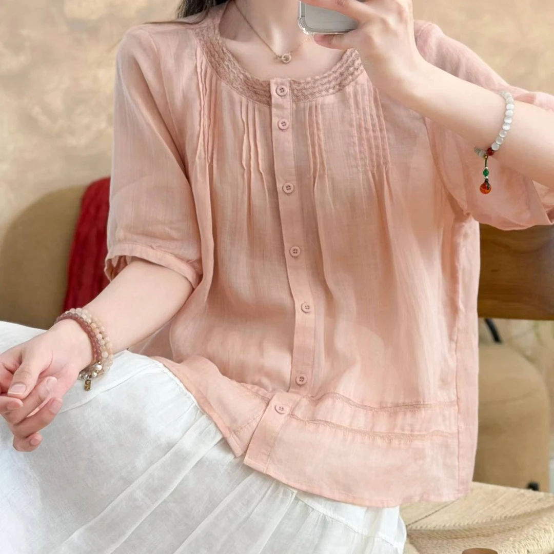 【100%苎麻】2026夏季花边拼接圆领高级感纯色上衣女士小衫G26085