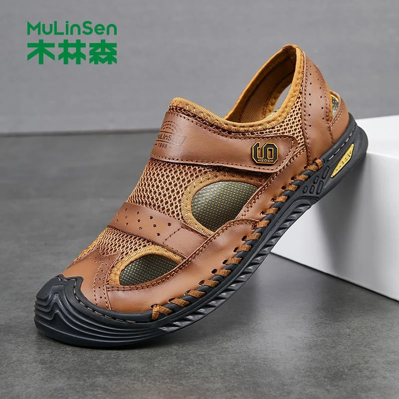 木林森木林森凉鞋男款夏季新款头层牛皮包头沙滩鞋涉水鞋镂空真皮