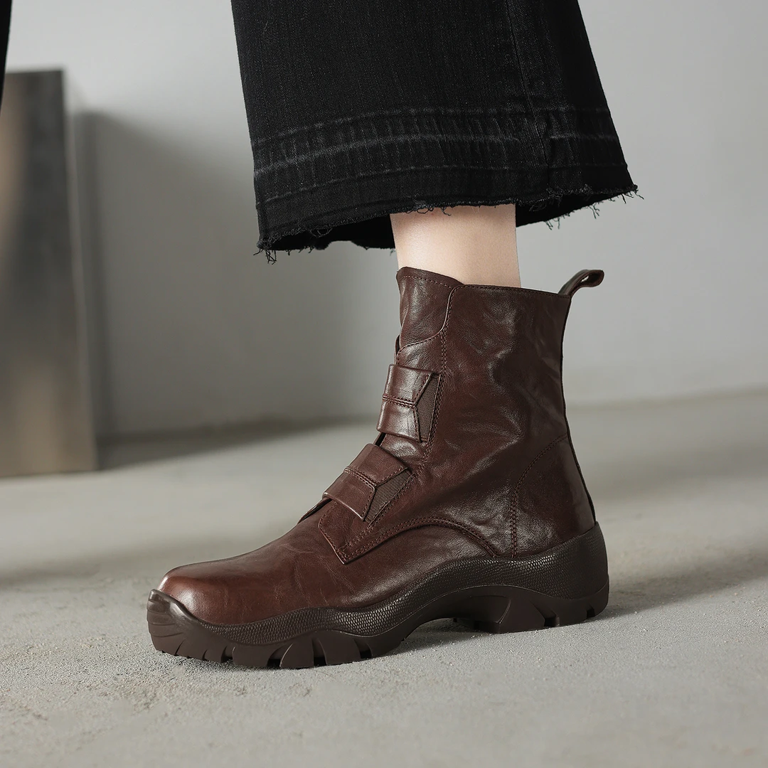 头层牛皮5cm跟超轻厚底增高舒适圆头侧拉链运动短靴极简静奢老钱