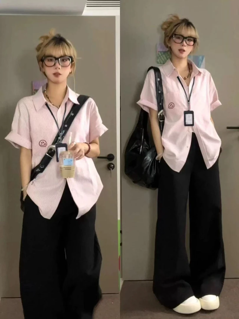 复古港风chic粉色条纹短袖衬衫女夏季宽松休闲笑脸刺绣外套上衣潮