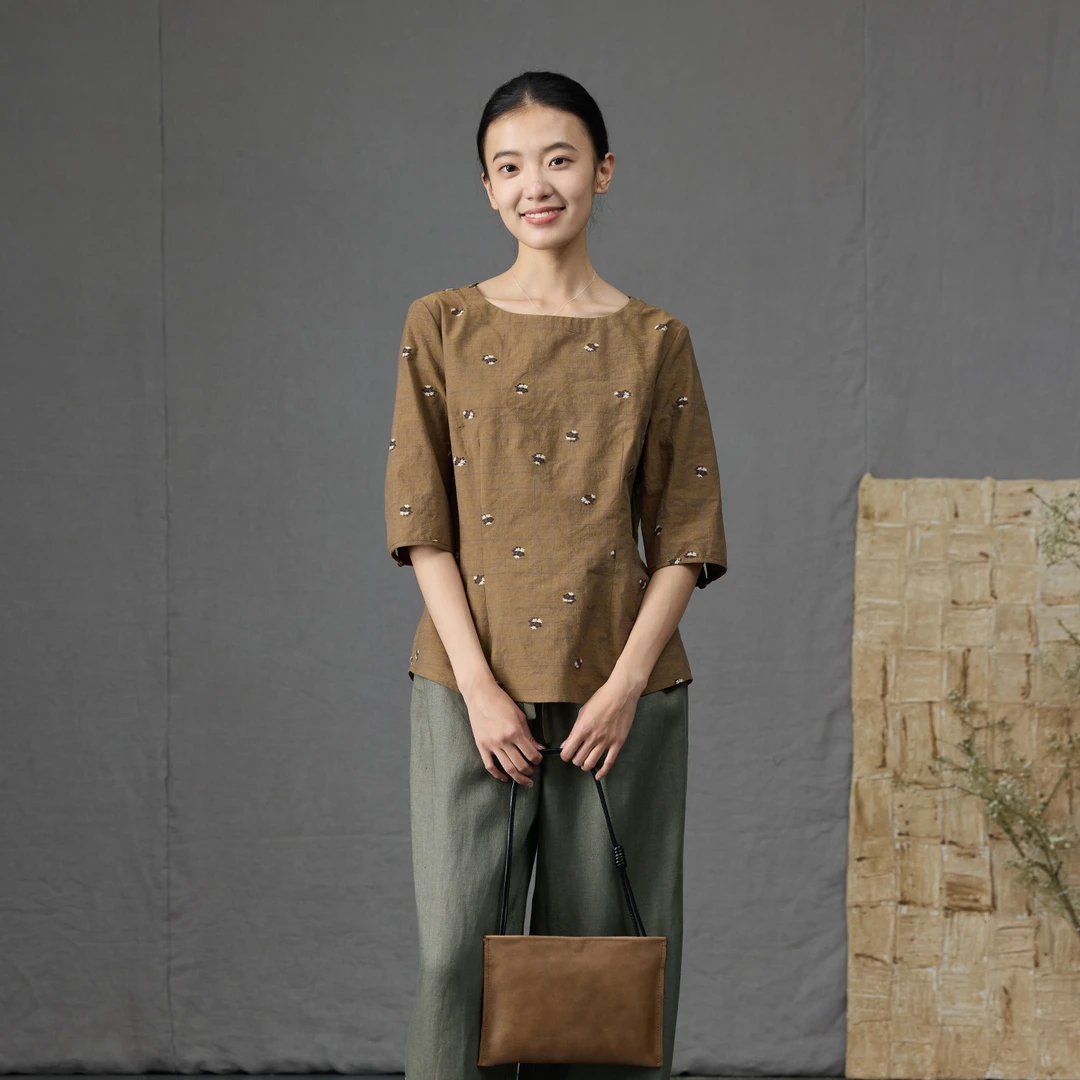 Q.TU高品质长绒棉提花衬衫女五分袖4528圆领古典气质夏季新款衬衣