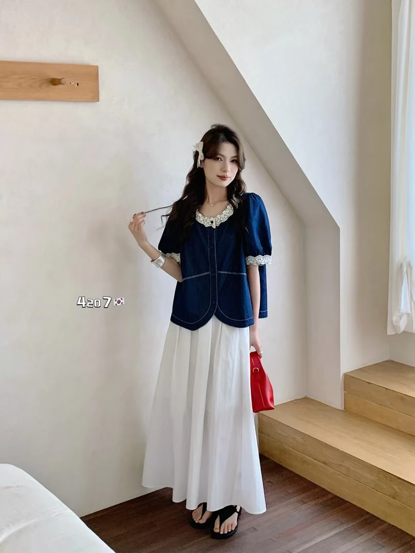 2025法式新款圆领拼接蕾丝花边时尚百搭牛仔短袖开襟衬衫外套潮款