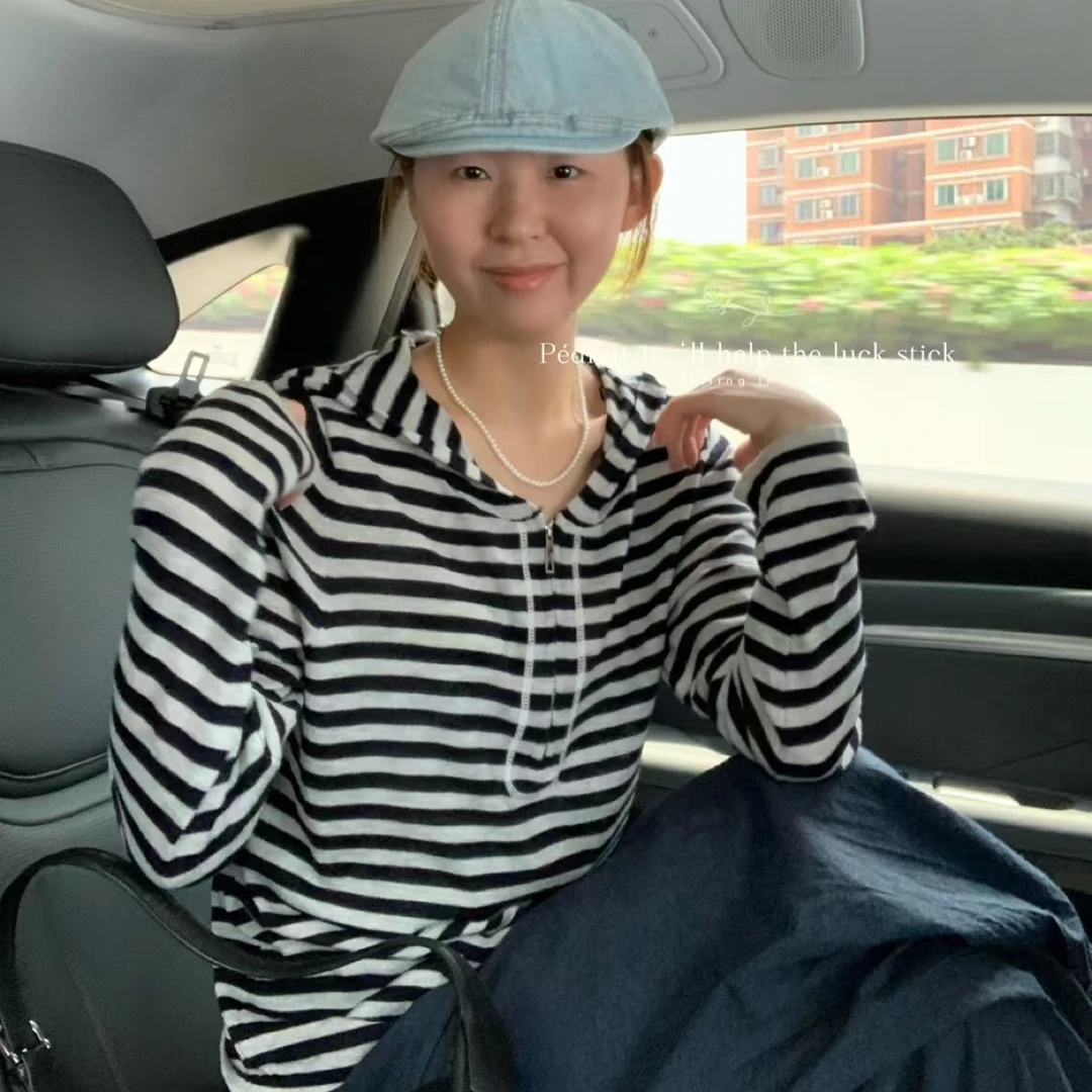 “哈呐家”6羊毛条纹拉链连帽条纹长袖慵懒风带帽短款显瘦纯欲风