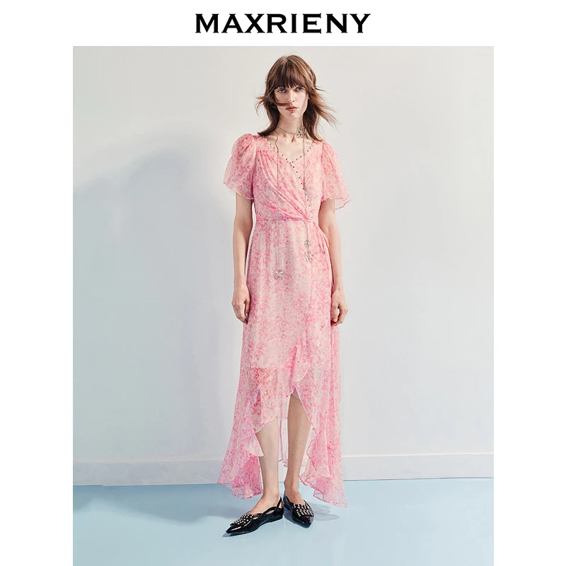 【蜜思仝】MAXRIENY优雅风连衣裙25夏款浪漫风桑蚕丝连衣裙真丝长