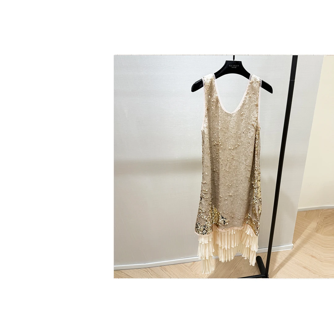 【西西高定】氛围感人鱼姬重工亮片香槟色白色连衣裙