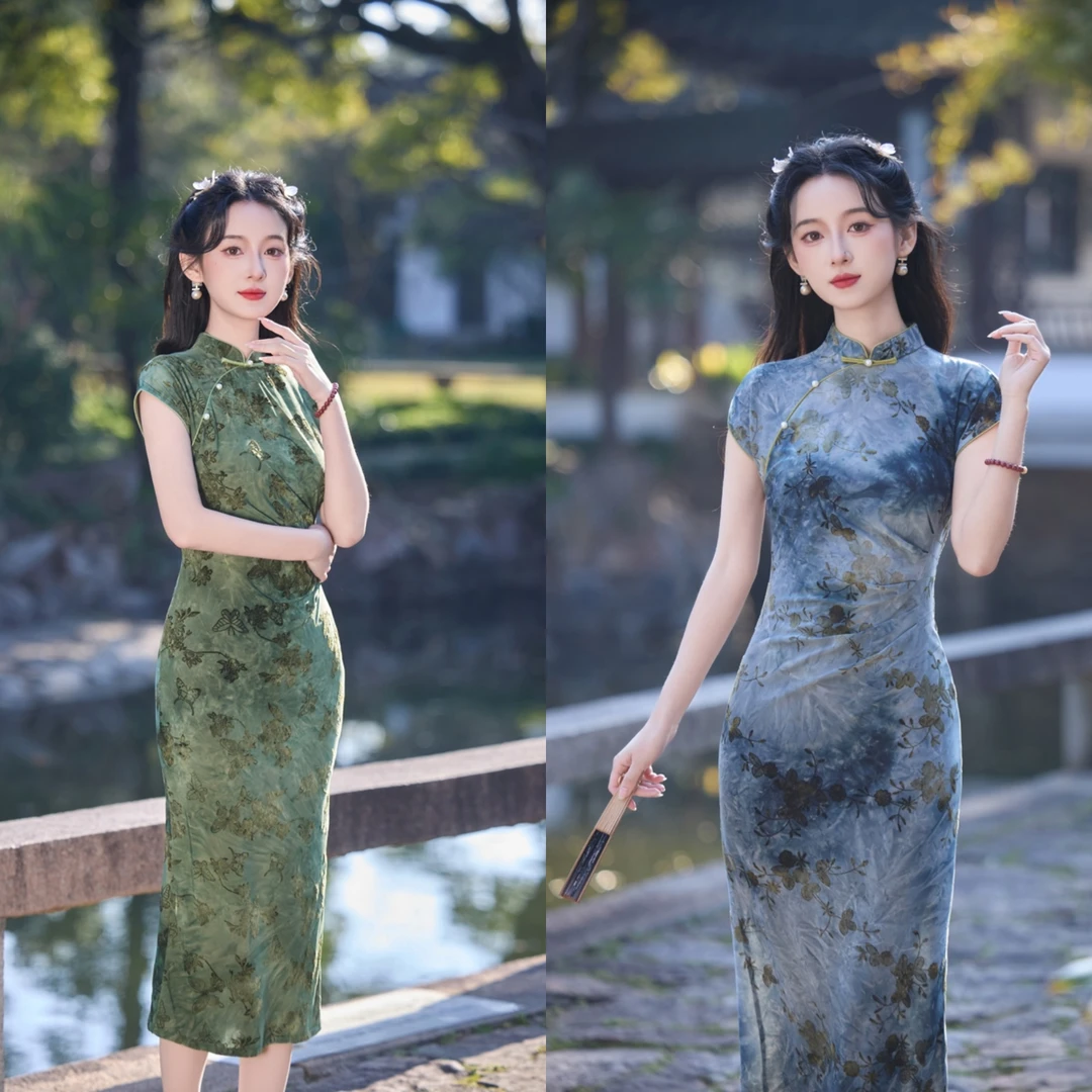 【青未了】2025春夏新款扎染植绒单层中国风改良后开叉旗袍 衣长125