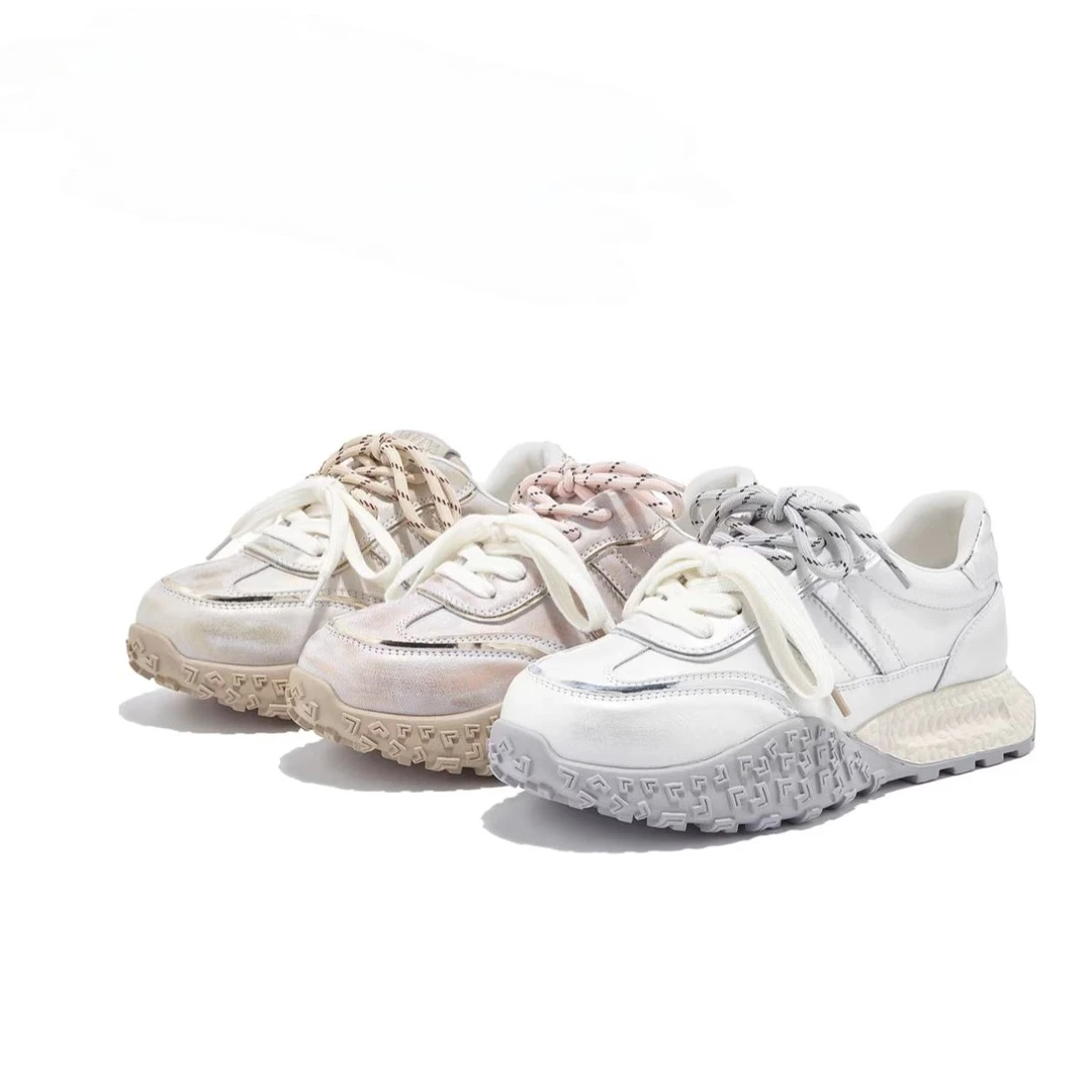 [酷酷工厂]真皮厚底德训鞋女春季新款跑步运动休闲设计感阿甘复古