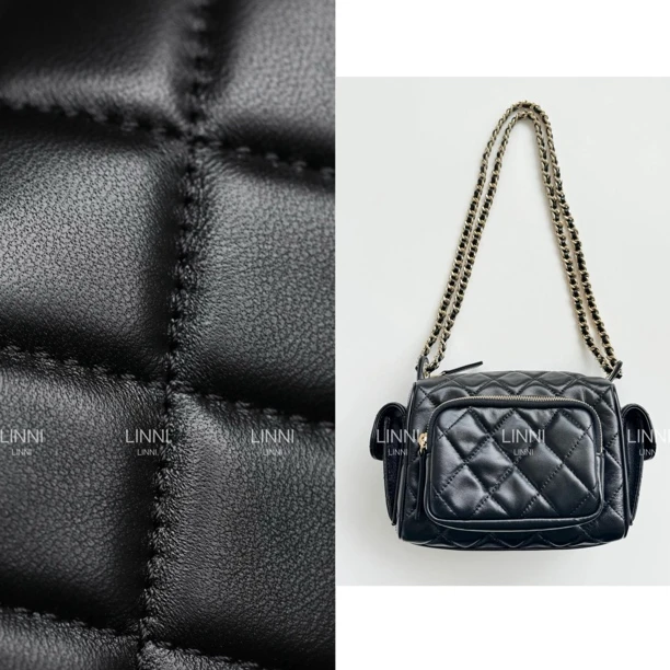 LINNI进口羊皮｜24K新款原版羊皮菱格纹多口袋相机包单肩斜挎包