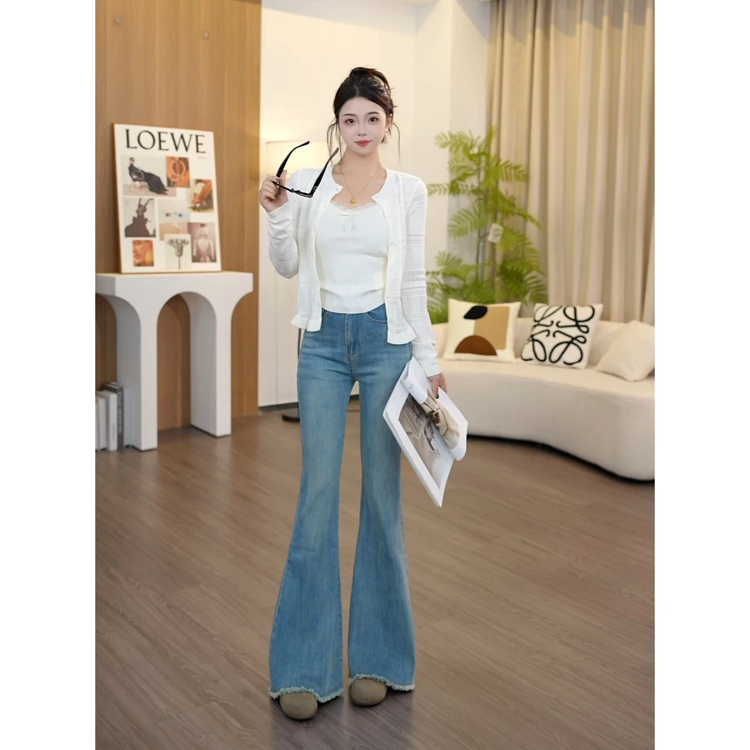 初秋新款喇叭裤气质风弹力牛仔裤女小个子毛边高腰显高显瘦微喇裤