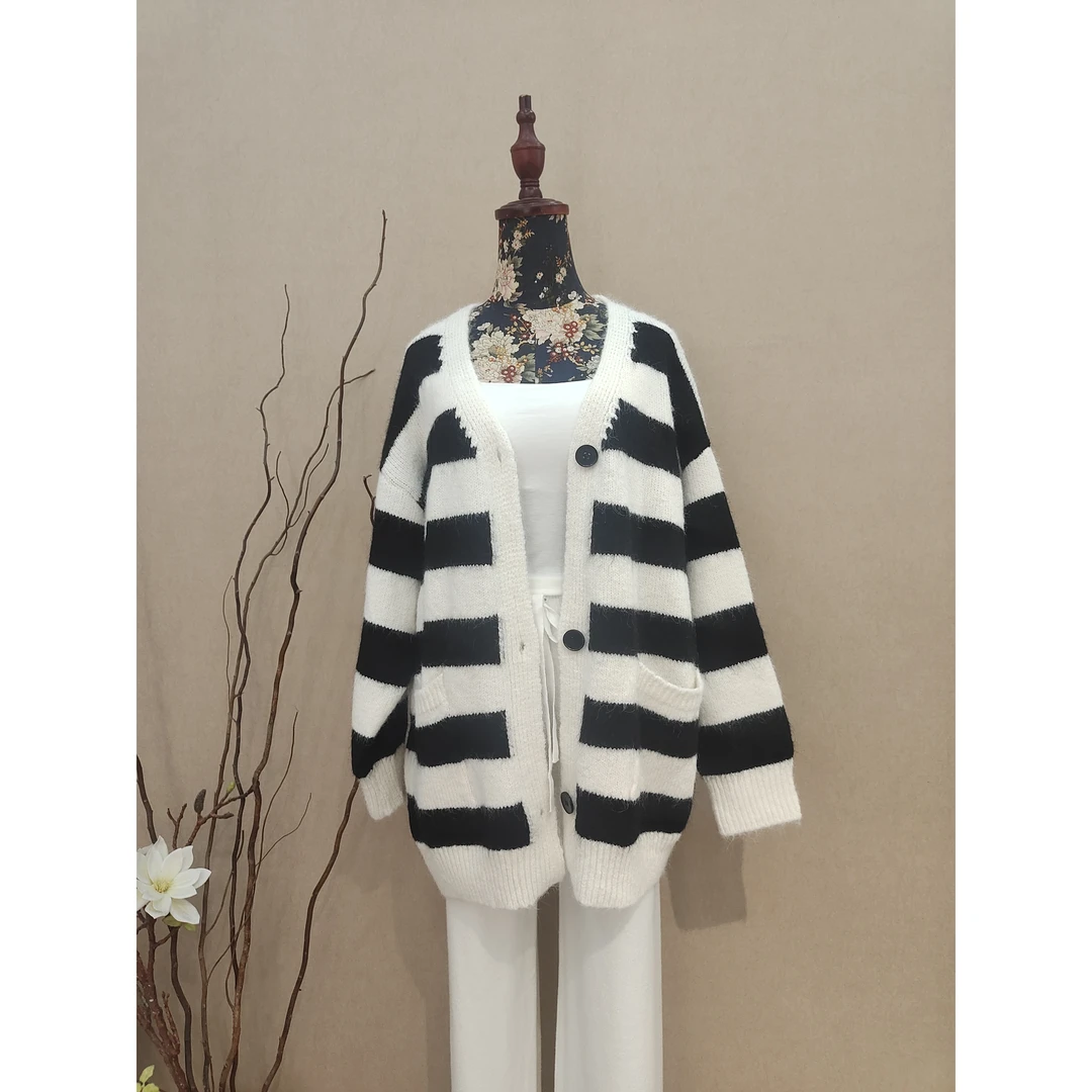 米雪严选一慵懒风毛衣女秋冬宽松显瘦休闲百搭条纹开衫外套女上衣