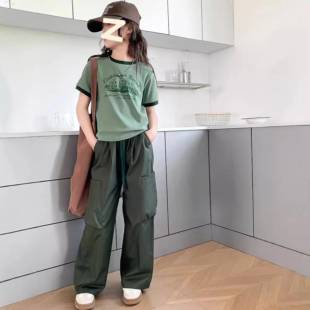 女童夏装工装裤套装2025新款中大童洋气短袖T恤长裤韩版两件套潮