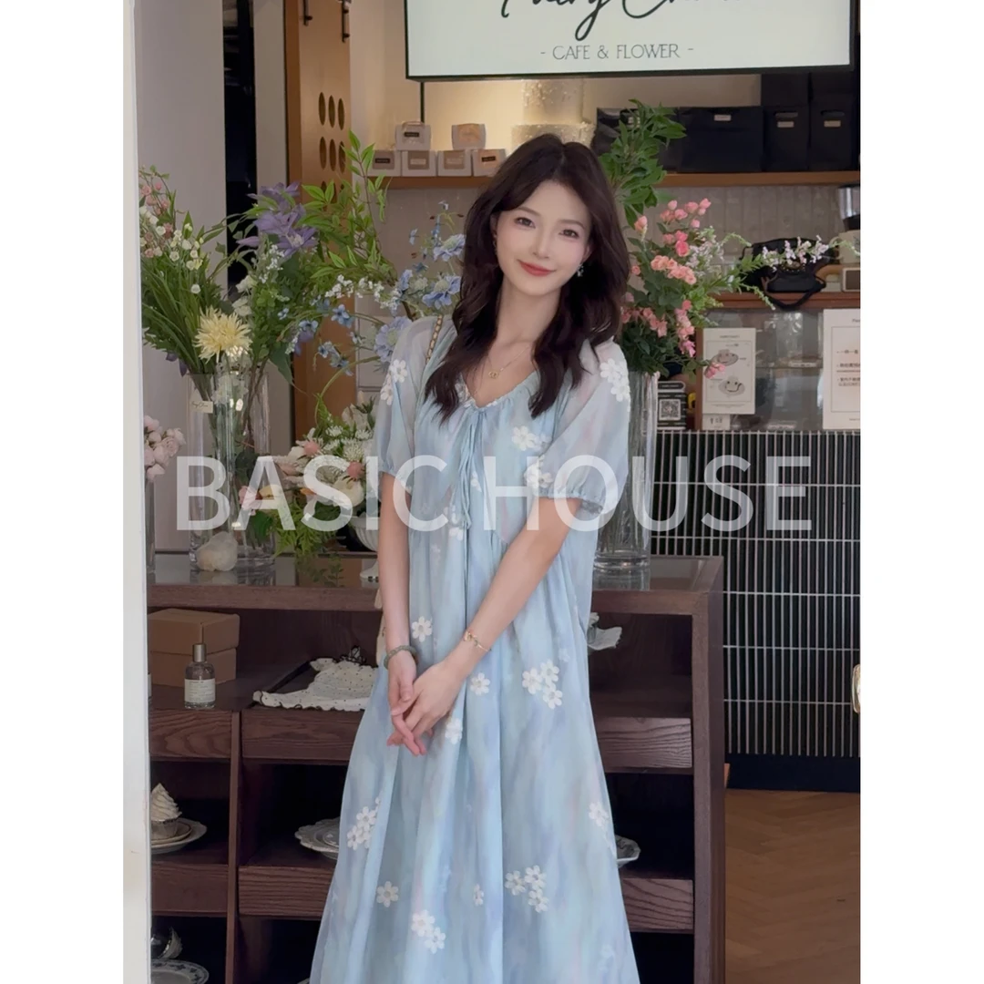 Basic House/百家好夏季新款气质碎花优雅时尚百搭短袖连衣裙女C